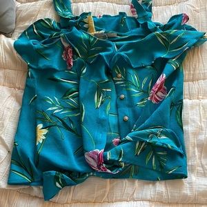 Blue - Floral - Sleeveless - Button Up - Shirt